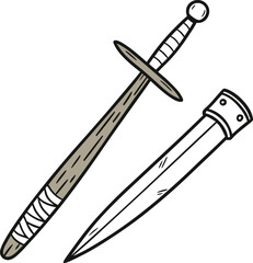 Vector illustration of an isolated antique metal sword with a sharp blade and handle, a medieval military weapon