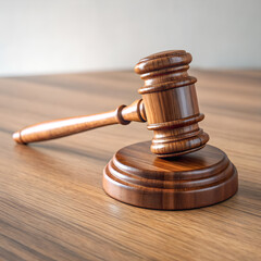 Elegant wooden gavel resting on a smooth wooden surface in a professional setting, symbolizing justice and legal proceedings. Judge hammer