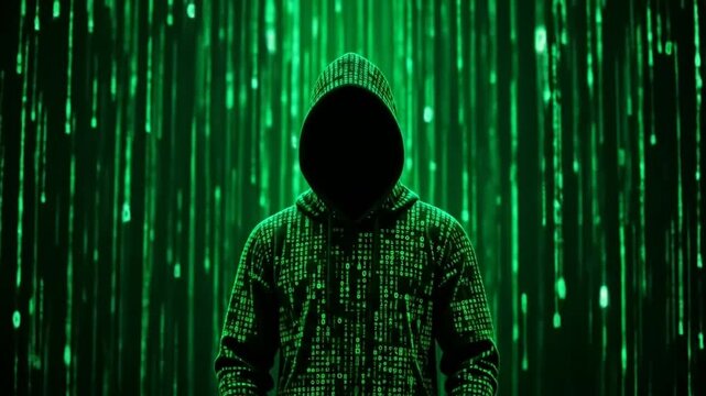 Anonymous Figure in Hooded Sweatshirt with Digital Rain
