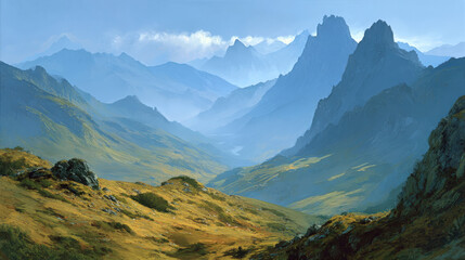 Obraz premium Distant Mountain Range and Valley Landscape with Haze