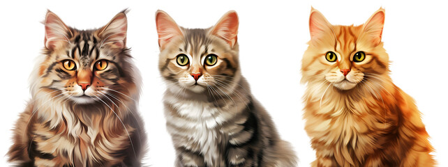 Set of three fluffy maine coon cats sitting side by side isolated on white background