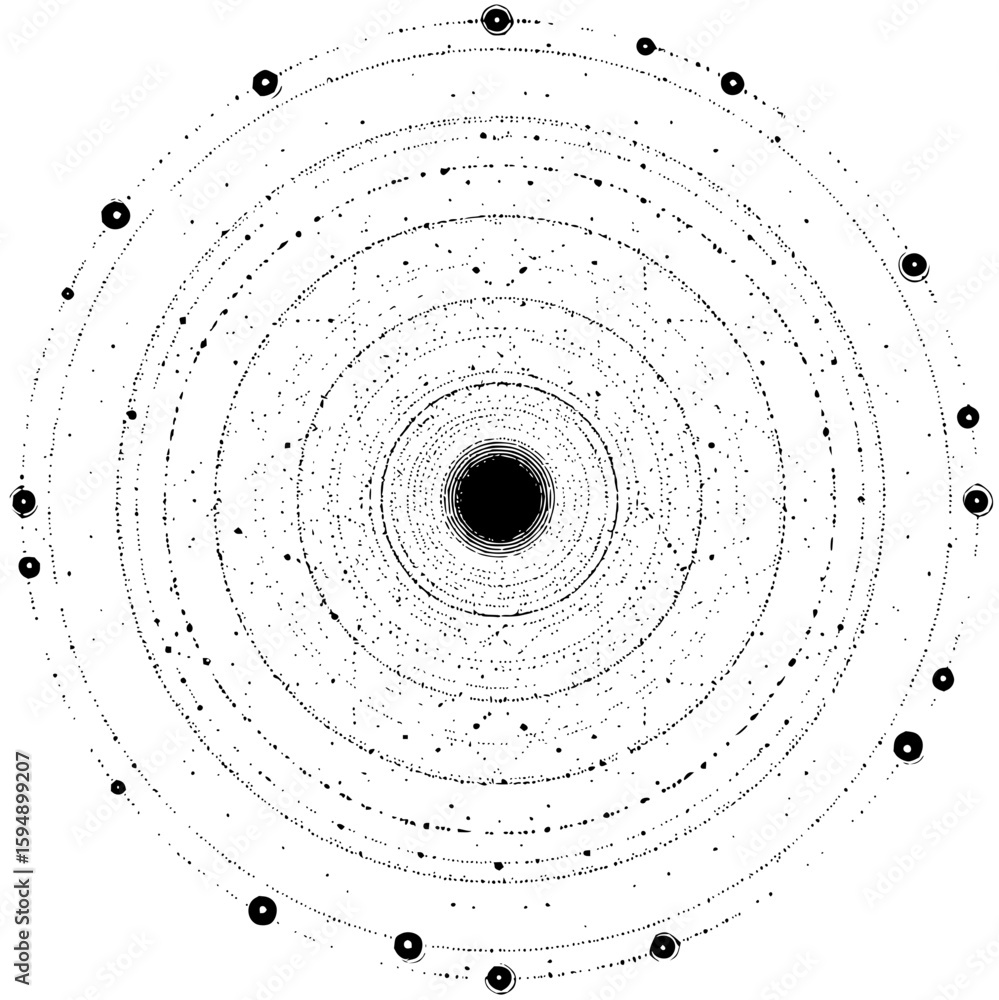 Aufkleber circular pattern with concentric rings and scattered dots and small circles in a black and white des