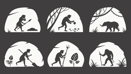 Fototapeta premium Human Evolution Stages Prehistoric Caveman Life Stone Age Hunter Gatherer Agriculture Primitive Man Development Silhouette Vector