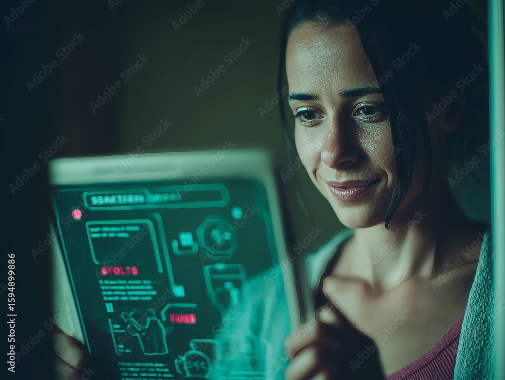 Poster woman thoughtfully examines futuristic interface display on tablet, exploring advanced data with a s
