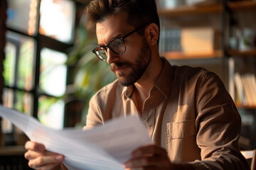 Obraz premium Thoughtful Man Reading Papers