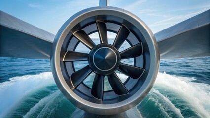 Close-up view of a large boat propeller cutting through water, showcasing sleek design and motion against a bright blue sky.
