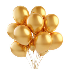 A bunch of shiny gold balloons, isolated on transparent background, creates a festive atmosphere for a party or celebration