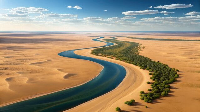 A scenic aerial view of a winding river through expansive desert landscapes under a clear blue sky with scattered clouds.