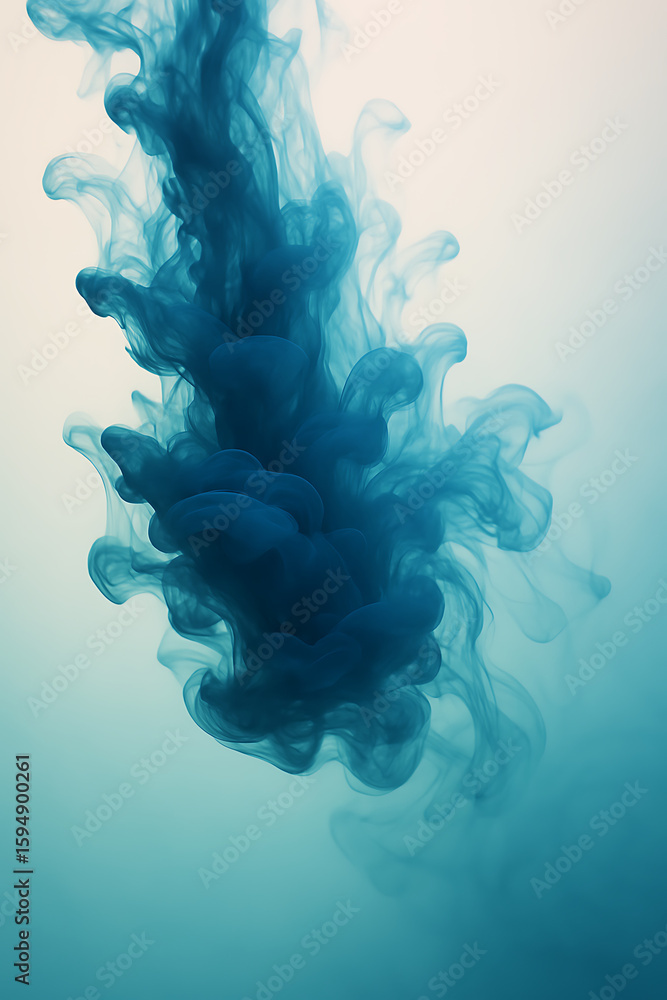 Poster serene blue ink swirls gracefully in liquid, creating an abstract underwater design with soft gradie