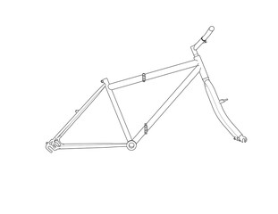 A Wireframe Depiction of a bicycle frame, presented as a Technical Drawing. This Simple Line Art provides an Outline Illustration of the bike's structure, rendered in Monochrome for a clean, classic