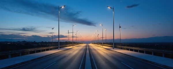 Modern road illuminated by wind, solar powered streetlights at twilight. Sustainable urban design integrates renewable energy. Gentle breeze flows. Scenic journey ahead towards illuminated urban