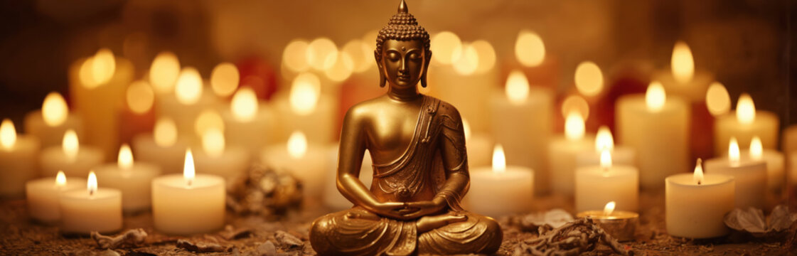 Golden Buddha statue sits amidst warm glow of numerous lit candles. Festive, blurred background features bokeh lights in warm tones. Scene evokes sense of peace, spirituality, celebration, suitable - Powered by Adobe