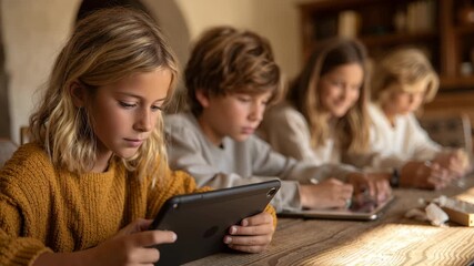 Virtual study group of children using tablet and digital device for learning at home with focused expressions in cozy room and wooden table setup - Powered by Adobe
