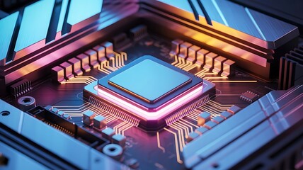 A closeup of a glowing cpu processor chip on a circuit board