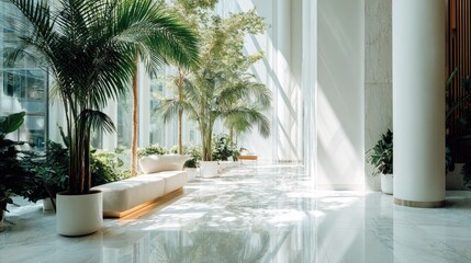Sunlight streams through a modern lobby filled with lush greenery.