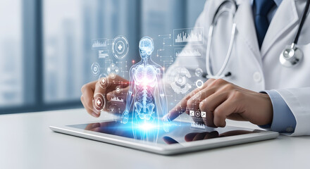 A doctor using a digital tablet to analyze a holographic human body, studying medical data.