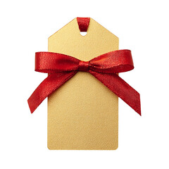 A gold gift tag with a red ribbon and bow lies isolated on transparent background, awaiting a special message for the recipient