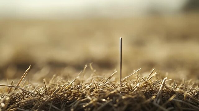 Needle stands upright in haystack, illustrating difficulty of finding it