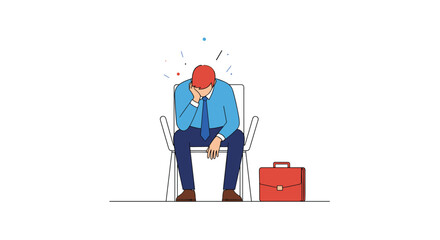 A business professional experiencing significant stress and despair while seated in a chair with a briefcase nearby