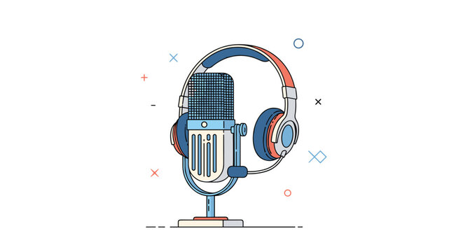 Vintage studio microphone with professional headphones for podcasting and broadcasting - Powered by Adobe