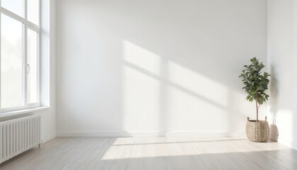 Fototapeta premium Bright white room interior empty space with large window, clean wooden floor, and potted plant. Minimalist design, natural light creating geometric shadows on textured wall.