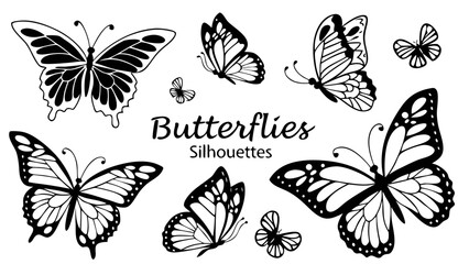 Collection of butterfly silhouettes with intricate wing patterns in black and white design style