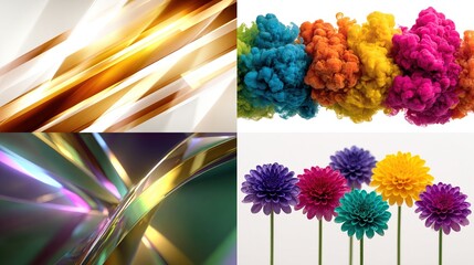 A vibrant collage featuring abstract gold streaks, colorful ink swirls, iridescent metallic forms, and a row of multicolored chrysanthemums