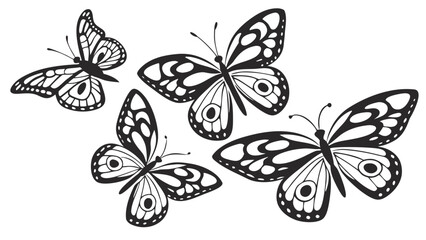 Four monochrome butterflies with intricate wing patterns in a scattered arrangement on white background