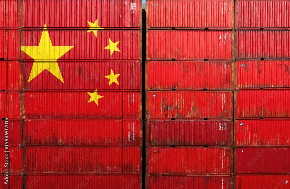 Aufkleber china flag displayed on stacked cargo containers at port terminal. red shipping boxes create industr