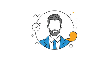 A professional man in a suit with a beard surrounded by abstract graphic elements and symbols representing business and success