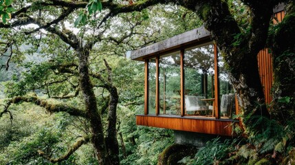 Modern wooden cabin nestled amongst lush greenery.