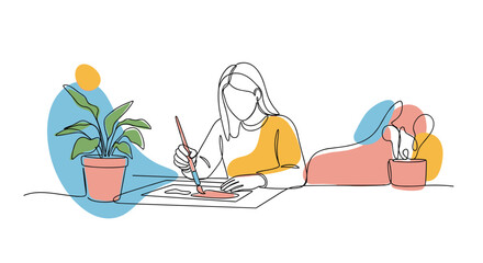 Young person focused on drawing and creating art with colorful abstract shapes in the background inspiring creativity