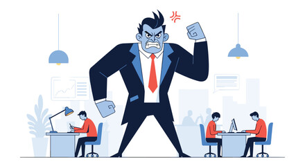 Boss tyrant intimidates employees in office environment causing stress and fear among workers