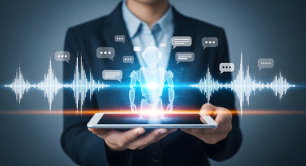 Fototapeta premium A person holding a tablet with a digital AI assistant displayed, surrounded by speech bubbles and sound waves.