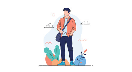 Young man standing outdoors casual outfit enjoying a sunny day with greenery and abstract shapes around him