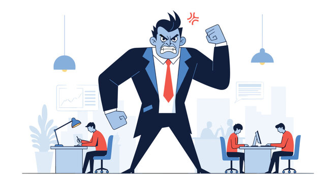 Boss tyrant intimidates employees in office environment causing stress and fear among workers