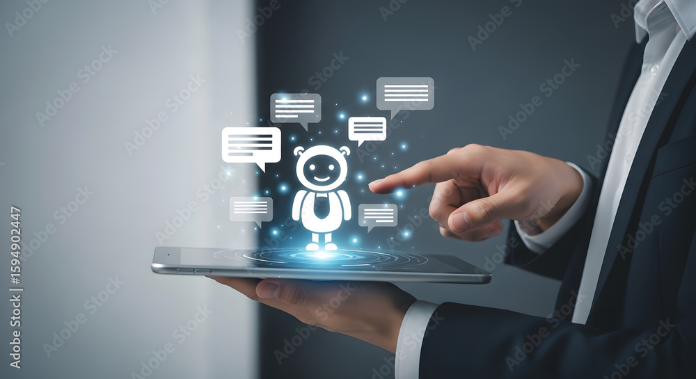 Aufkleber man interacts with a chatbot on a tablet, surrounded by speech bubbles.