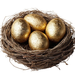 A birds nest cradles four golden eggs, representing abundance and the promise of spring, isolated on transparent background