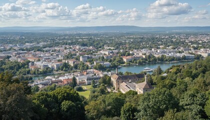 Naklejka premium Panoramic aerial view of Pau, France. Cityscape spreads with river and plants. Buildings and churches form urban landscape. Town features architecture, landmarks.