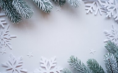 White textured background with snowflakes and frosted branches for elegant Christmas frame and seasonal layout