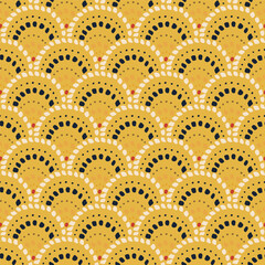 Japanese seigaiha wave pattern in mustard yellow. Seamless repeating background with dotted details. Minimal and elegant vector design.