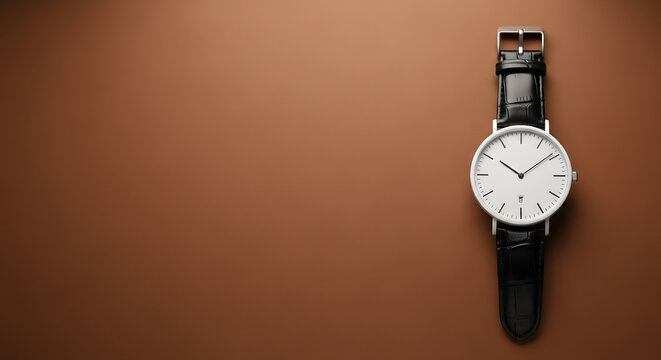 Minimalist Watch on Brown Background, Copy Space