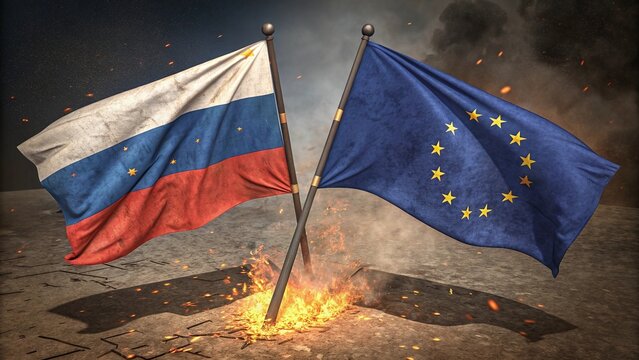 Large Russian and European Union flags waving apart with sparks and embers in foreground, dark background with soft smoke glow, stylized dramatic effect - Powered by Adobe