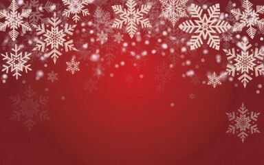 Traditional Christmas background with deep red gradient, decorative white snowflakes and sparkling bokeh lights falling gently