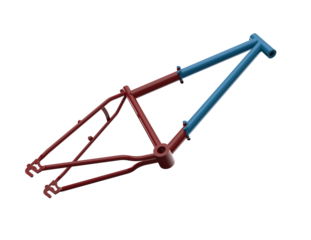 Vibrant Red and Blue Bike Frame Component. Detailed Isolated HD Image of Bicycle Chassis, Fork, and Handlebars, Ideal for Repair, Manufacturing, and Sport Equipment Digital Assets. Transparent PNG.