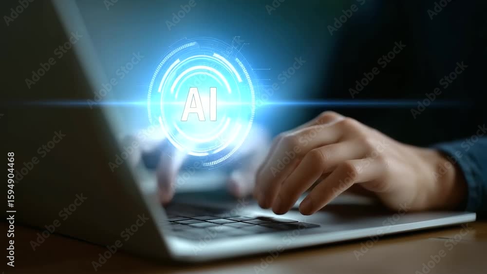 Poster futuristic ai hologram interface with hands typing on a laptop keyboard.