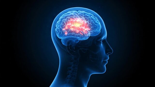 Brain Scan Visualization with Glowing Activity Inside Human Head Anatomy