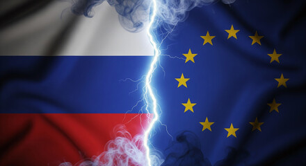 Russian and European Union flags cover canvas, vertically split by glowing lightning bolt crack, surrounded by dramatic smoke symbolizing deep political tension