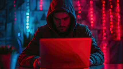 Obraz premium Shot from the Back to Hooded Hacker Breaking into Corporate Data Servers from His Underground Hideout. Place Has Dark Atmosphere, Multiple Displays