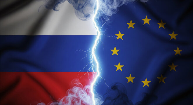 Russian and European Union flags cover canvas, vertically split by glowing lightning bolt crack, surrounded by dramatic smoke symbolizing deep political tension - Powered by Adobe